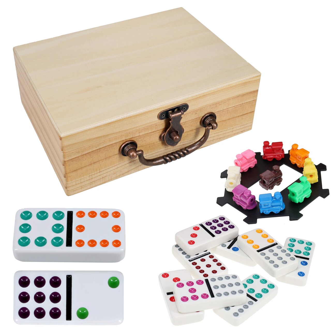 WE Games Mexican Train Dominoes with Wooden Treasure Box - White Tiles with Colored Pips - Thick Size